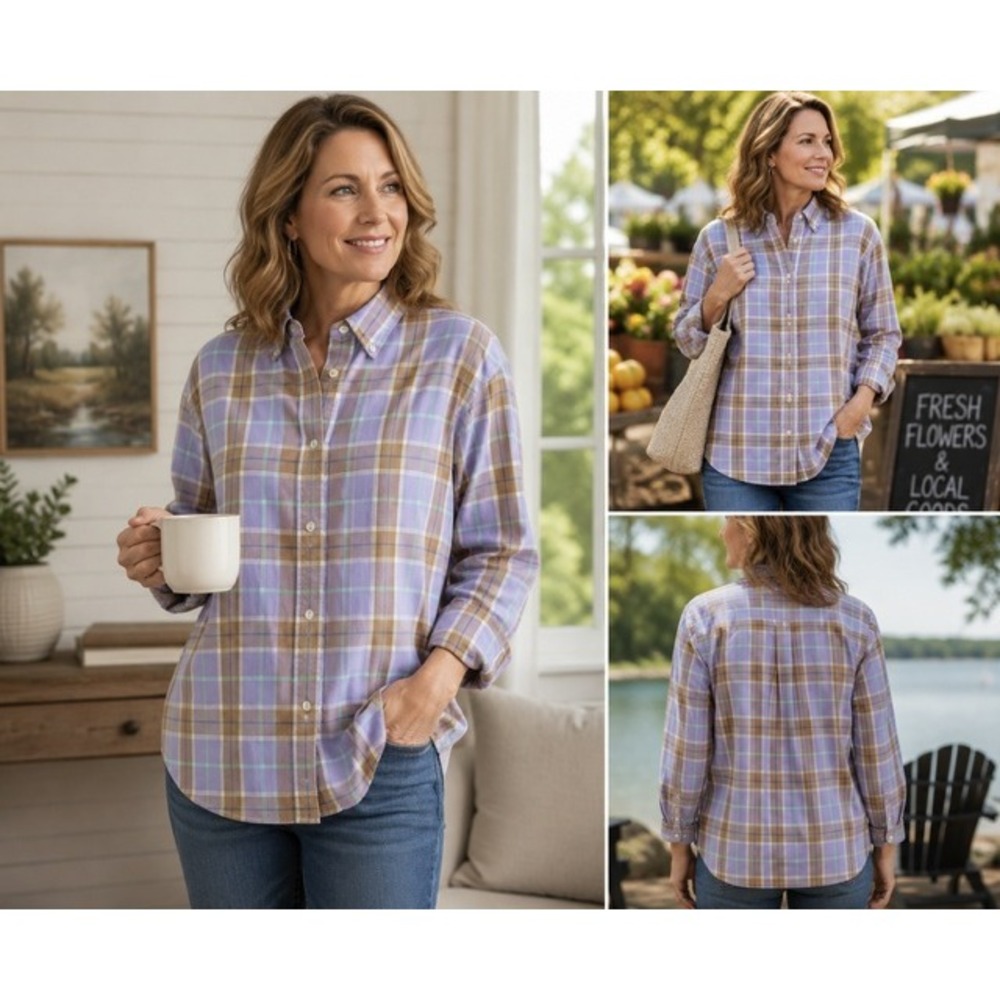 Tommy Hilfiger Womens Slim Fit Plaid Button Down Shirt Purple Tan Large